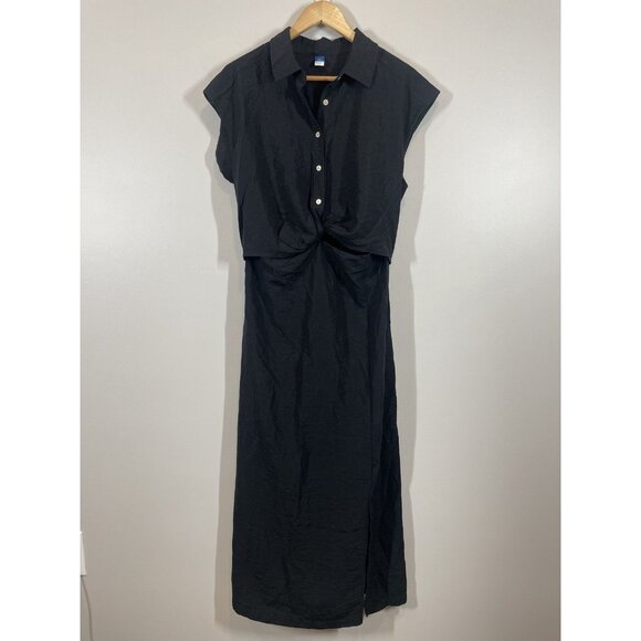 Old Navy Black Shirt Dress Size L Tall Button Front Drapey Cutouts Blackjack - Picture 1 of 9